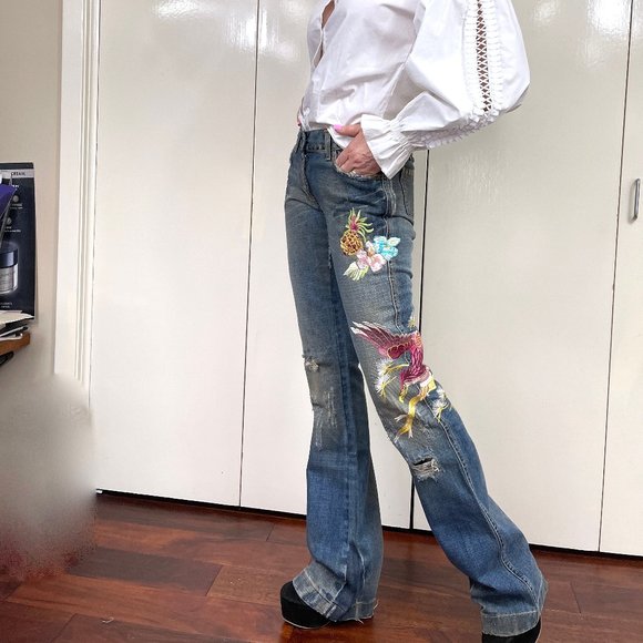 Auc D&G Distressed Embroidered Studded HAWAII TROPICAL Flare jeans - Picture 15 of 16